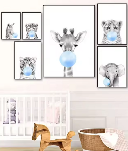 Premium Wall Art - Baby Animals with Blue Balloons (Multiple Sizes Available)